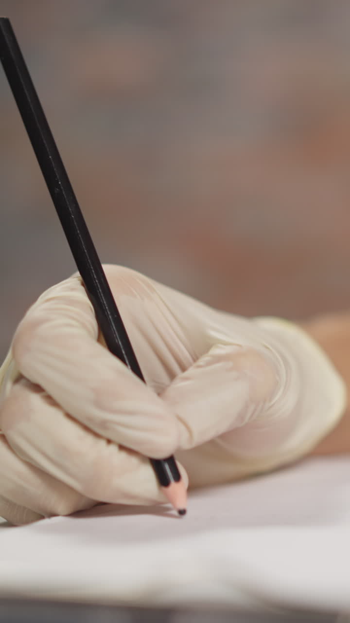 Man doctor in protective latex gloves writes notes on paper sheet with black pencil listening to patient at table in hospital extreme close view
