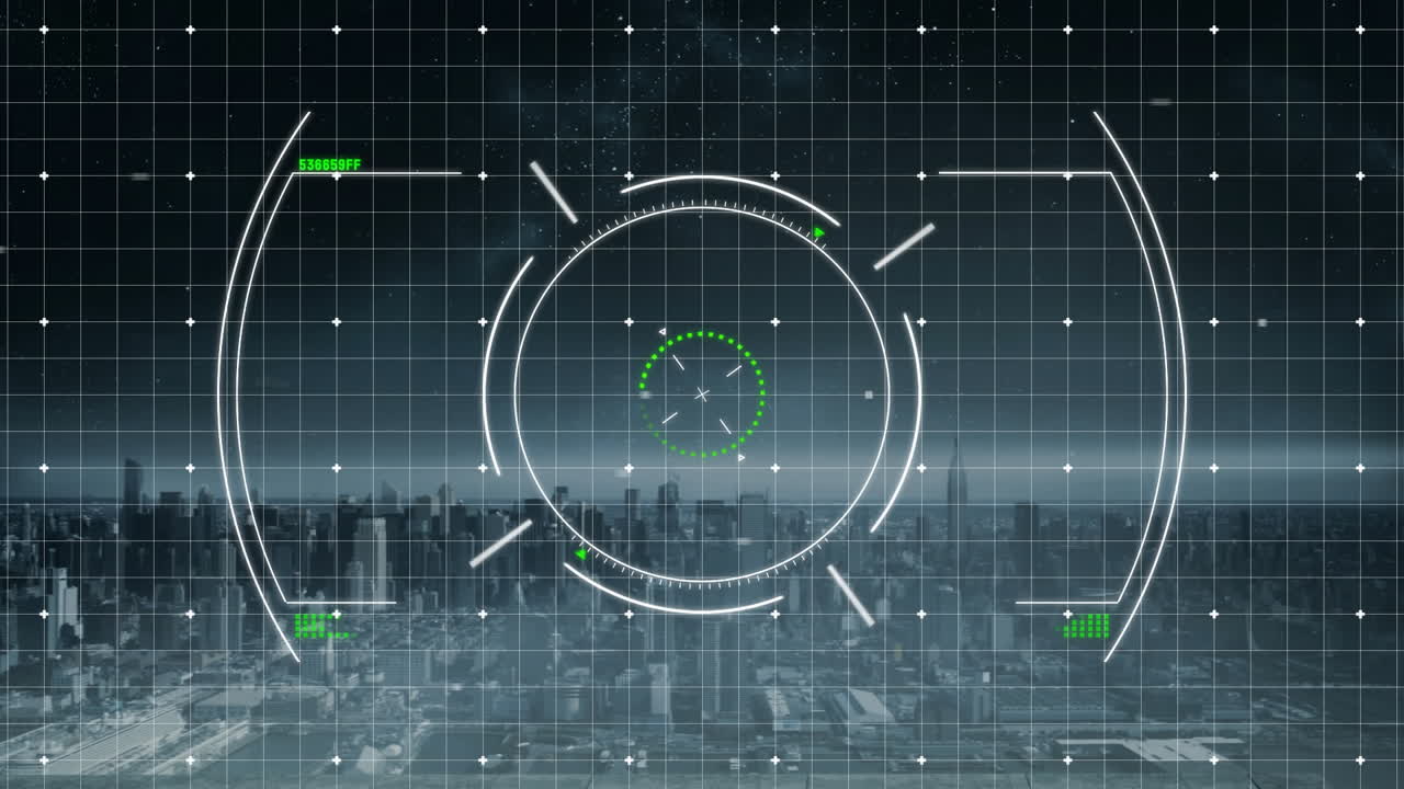 Targeting system animation over cityscape with grid and green indicators