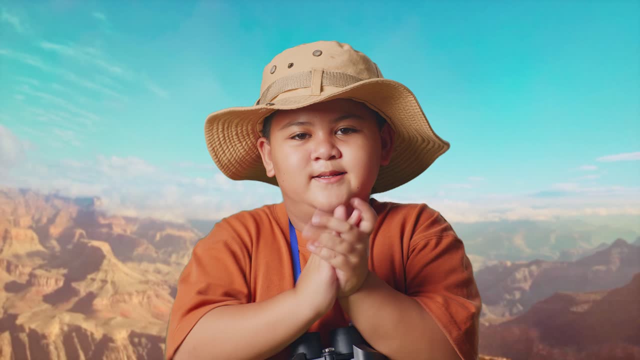 Asian Boy With A Hat Clapping Hands After Looking Through The Binoculars. Boy Researcher Examines Something While Traveling At The Top Of Mountain, Travel Tourism Adventure Concept, Close Up