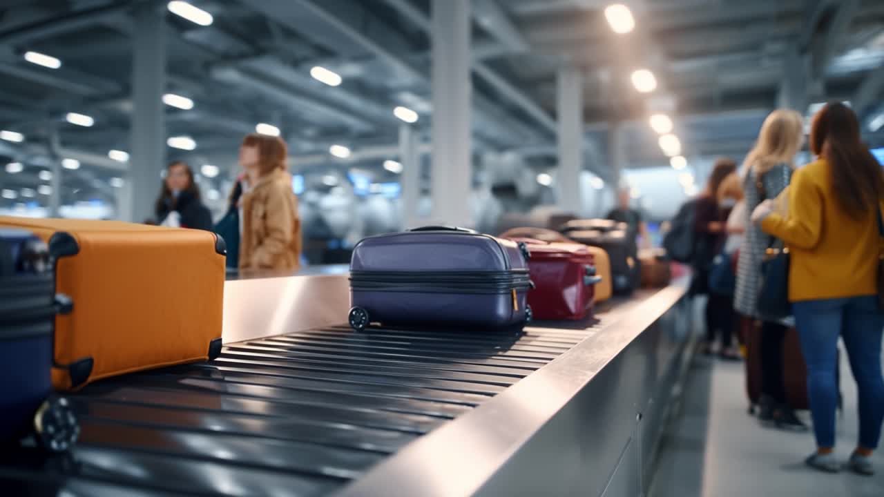 Area ritiro bagagli con numerosi pezzi di bagaglio sul nastro trasportatore in un terminal aeroportuale affollato: un'istantanea di attività ed emozioni di viaggio.