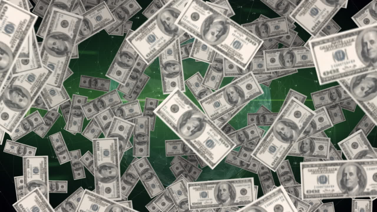 animación de billetes de dólares estadounidenses flotando sobre un monitor de frecuencia cardíaca y un mapa del mundo