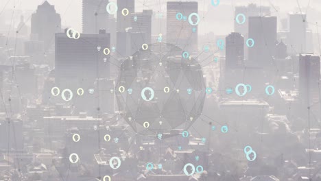 Animation-of-ai-data-processing-with-icons-and-network-of-connections-over-cityscape