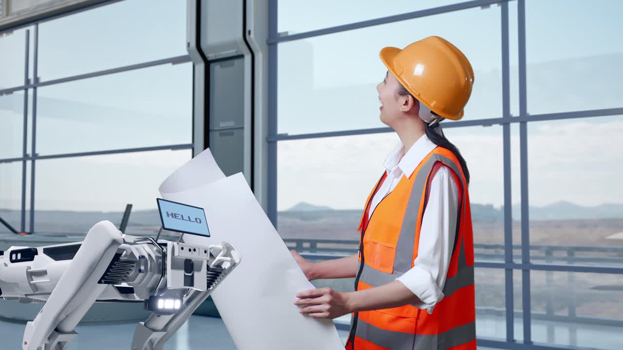 ingegnere donna che esamina i piani con un assistente robot