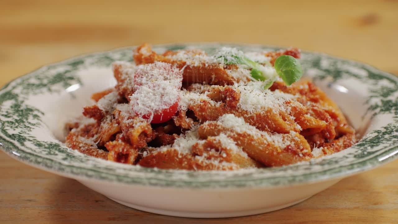 Traditional arrabbiata pasta, penne with tomato sauce close-up. Grated parmesan cheese on top.Homemade pasta at home. Cooking traditional Italian food. High quality 4k footage