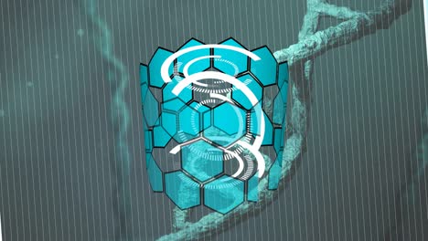 animación de círculos blancos y cadena de adn girando sobre rayas