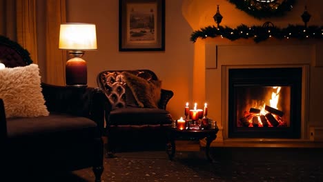 camera panning over a romantic christmas dinner table setting for two with a lit fireplace in the background