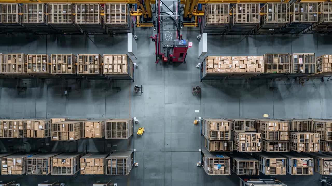 Melihat pallet jack, pekerja dengan rompi keselamatan berjalan di lorong gudang, memindahkan palet di dekat stacker