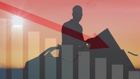 animation of red arrow pointing down, van and delivery man with cardboard boxes at sunset