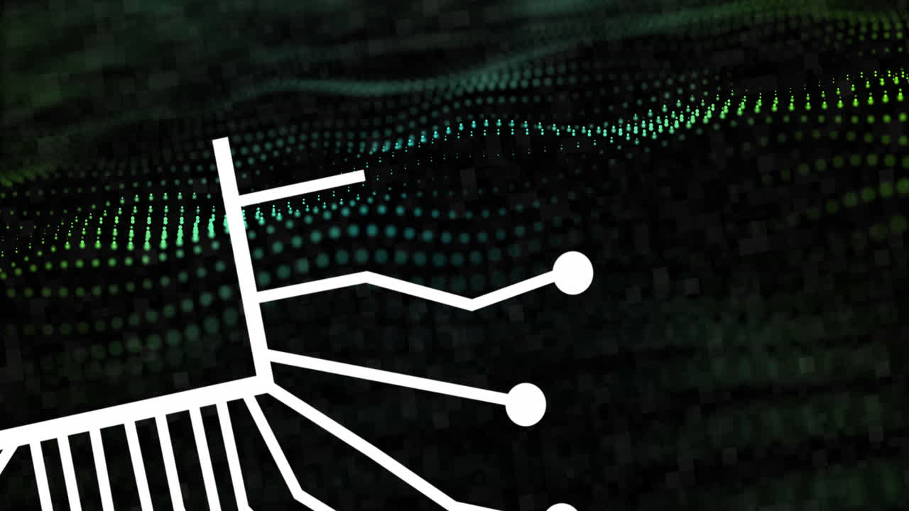 animación del procesamiento de datos sobre malla verde y fondo oscuro