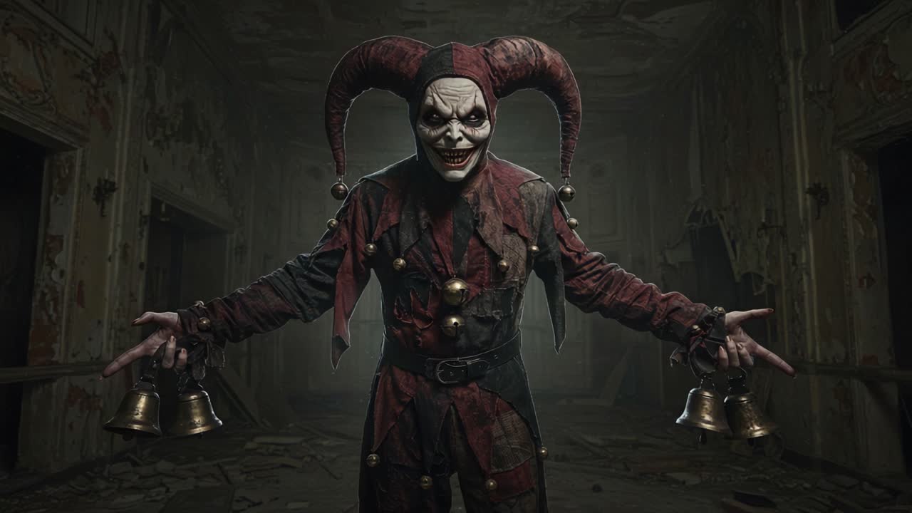 A Sinister Jester Stands in an Abandoned Place, Haunted by Shadows, Echoing Laughter with a Menacing Grin and Rattling Bells, Eying the Audience with Dark Charm
