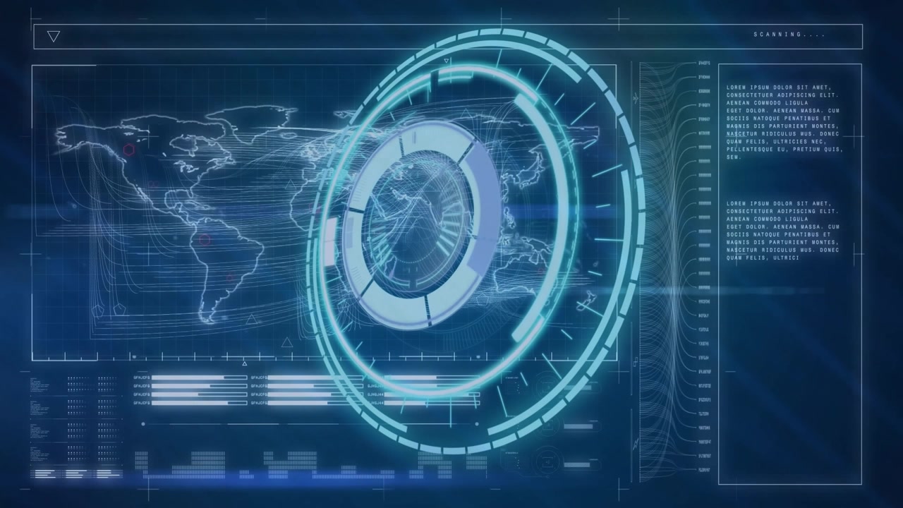 Animation of processing circle over world map and data on digital screen