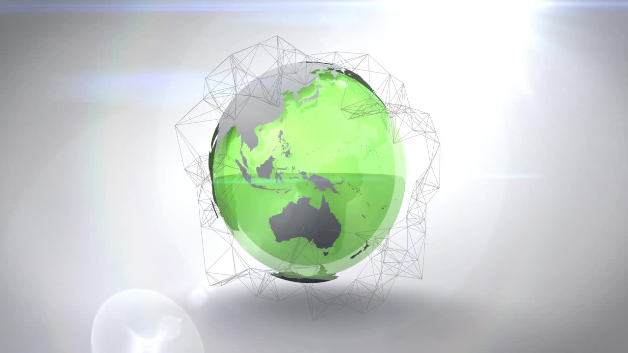 Globo verde rotante con animazione di rete geometrica su sfondo bianco