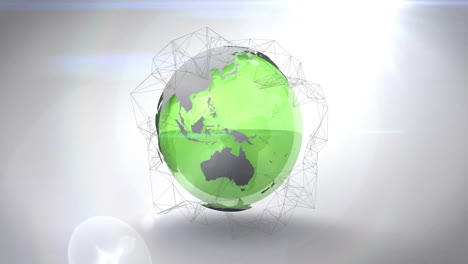 Rotating-green-globe-with-geometric-network-animation-over-white-background