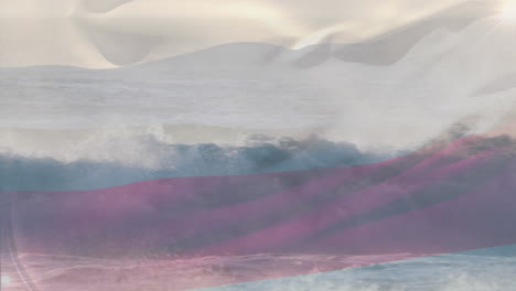 composición digital de la bandera de rusia ondeando contra la vista aérea de las olas en el mar