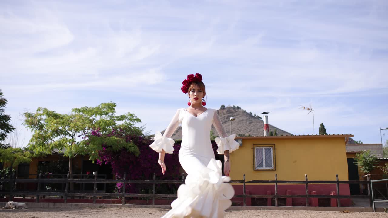 Elegante ballerina di flamenco che esegue una danza tradizionale all'aperto