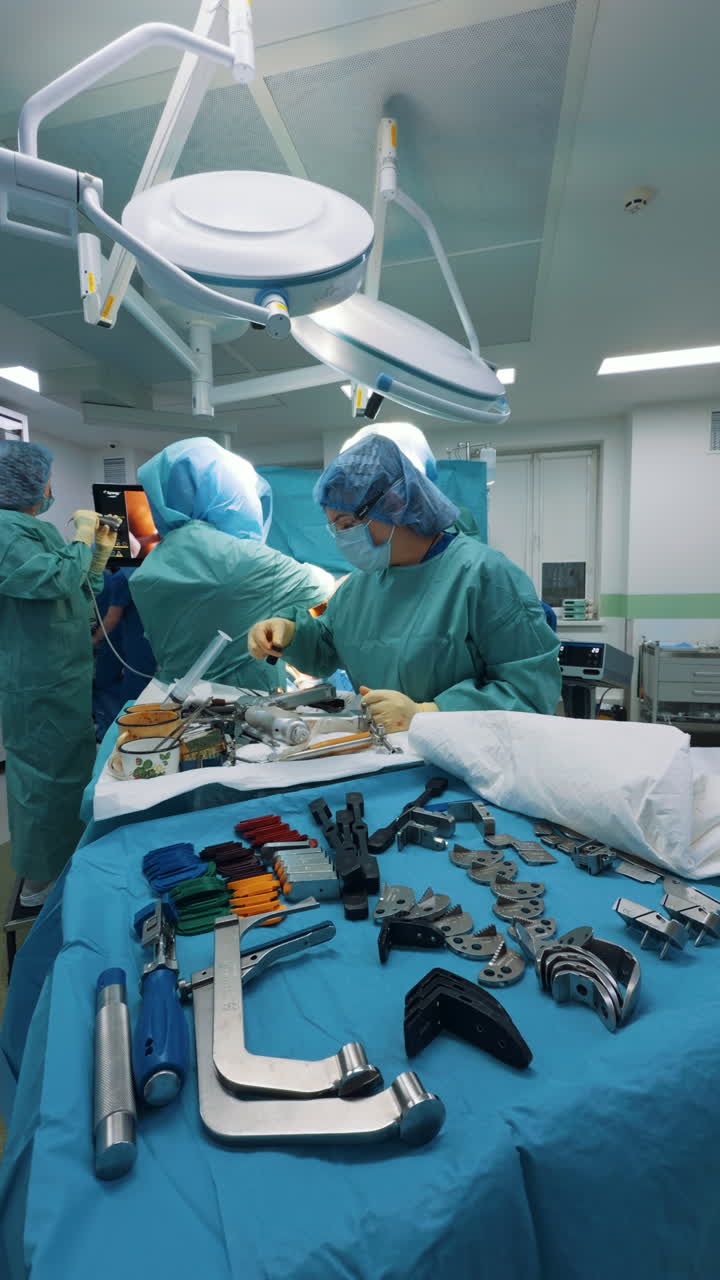 Kyiv, Ukraine, 2 August 2025: Female surgeon preparing orthopedic components on a sterile blue table draped with instruments. The professional works with tools and implants while colleagues operate in the background