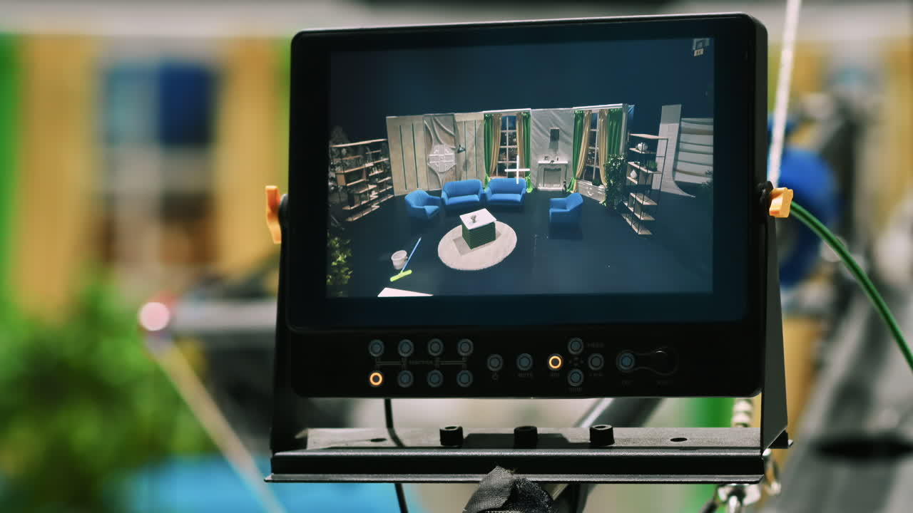 External monitor from a video camera crane displaying the television studio. Video production backstage