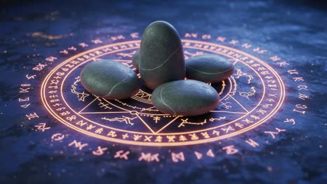 A Mysterious Arrangement of Smooth Stones on an Intricate Magical Circle of Symbols, Highlighting the Enigmatic Nature of Ancient Rituals and Mystical Practices