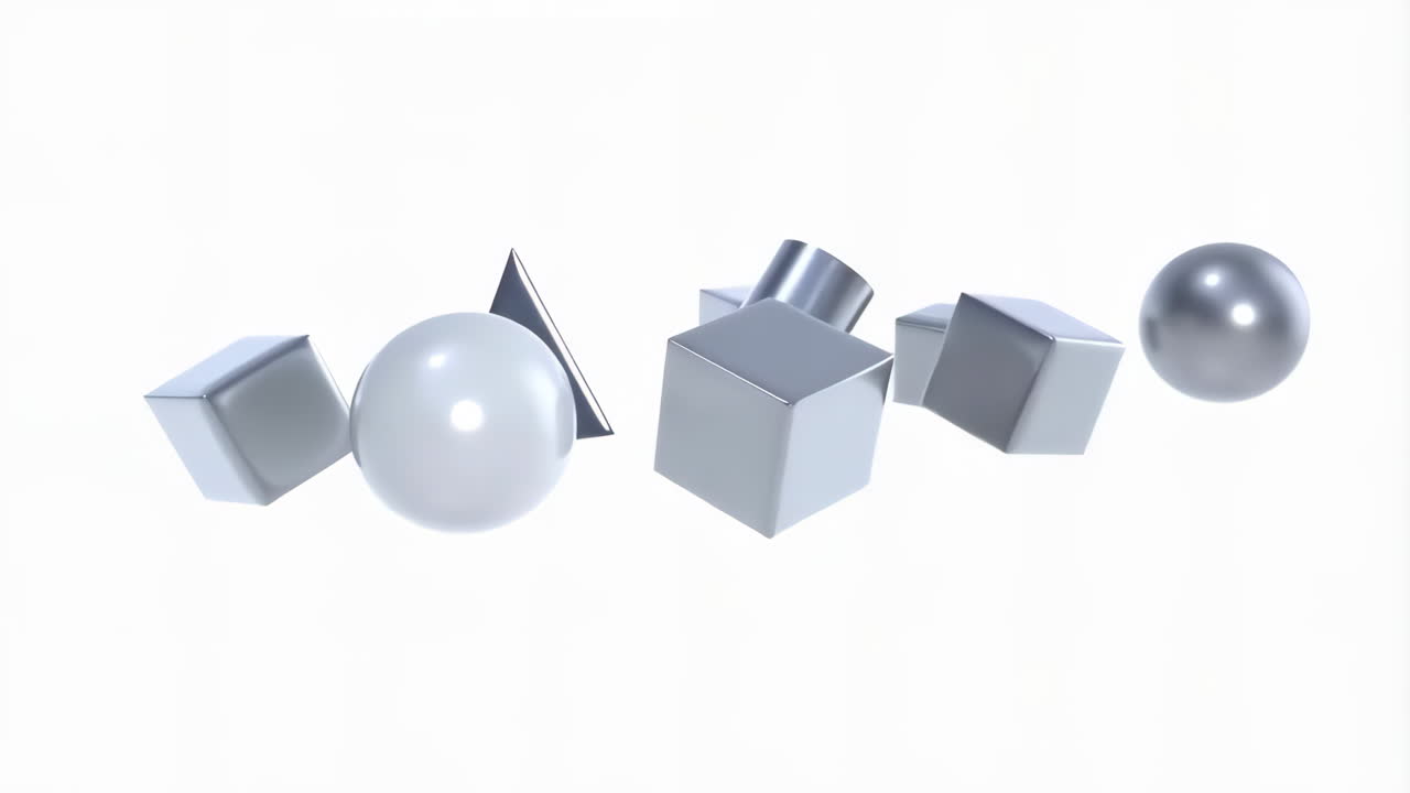 Abstract Floating Metallic Geometric Shapes on White Background