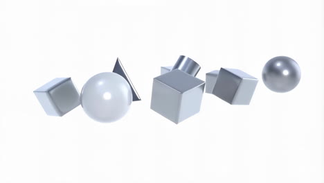 abstract floating metallic geometric shapes on white background