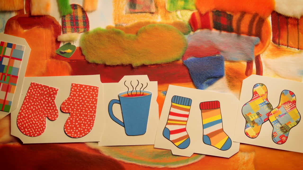 Cozy Living Room Collage With Socks, Mittens, Steaming Mug, Patchwork Blanket On Sofa, Colorful Paper Cutouts