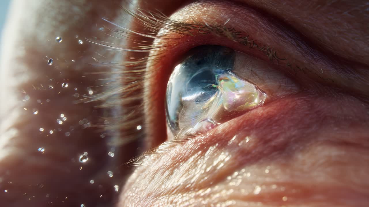 Close-Up of a Human Eye with Water Droplets Capturing Light Reflections: An Intimate Perspective of the Eye's Surface Textures and the Intricacies of Its Anatomy