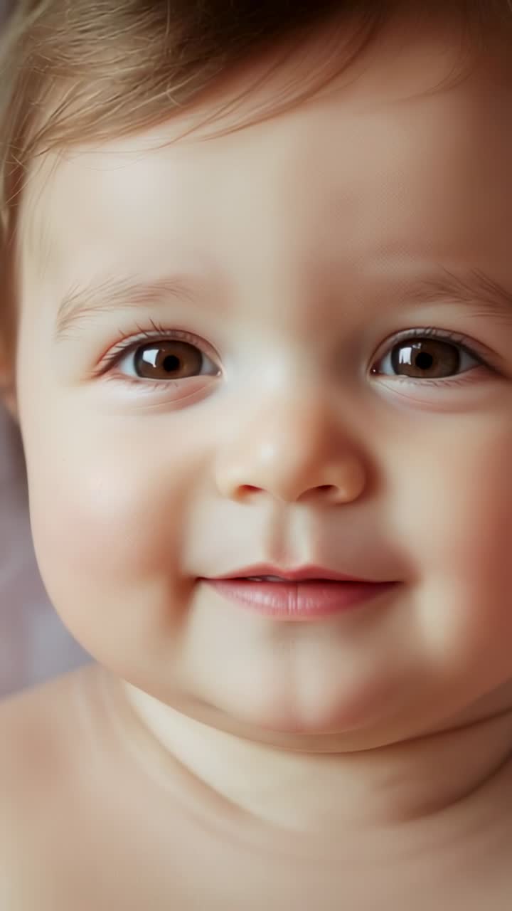 Vertical video: Gazing infant responding to caregiver calling at home, smiling and tilting head