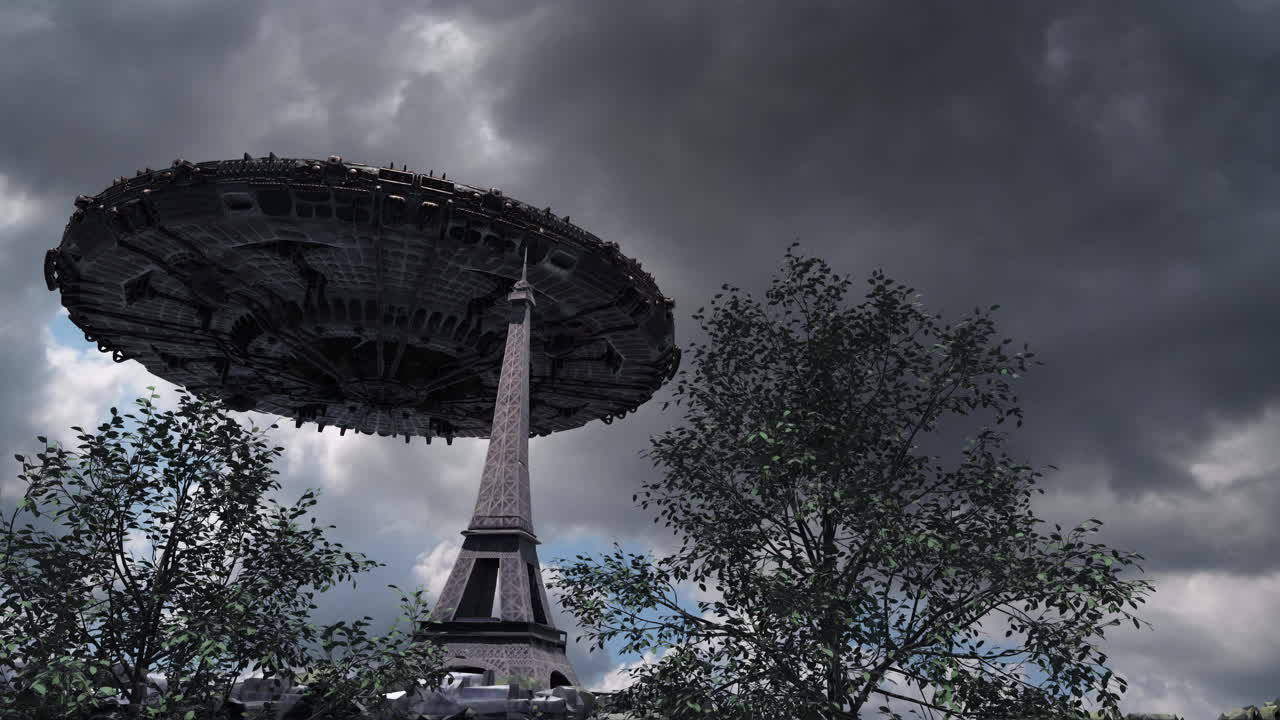 UFO hovering under a cloudy sky