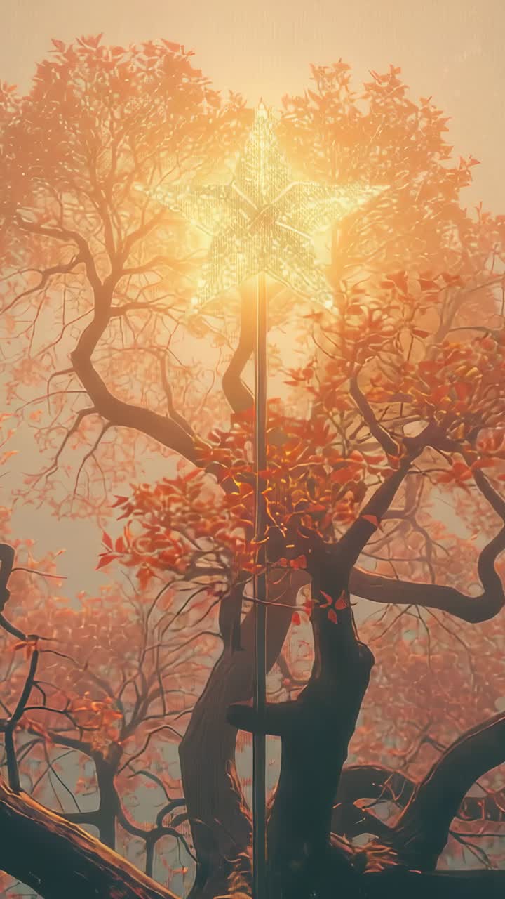 Vertical video: Star ornament on staff intensifying glow before ancient tree, casting golden haze