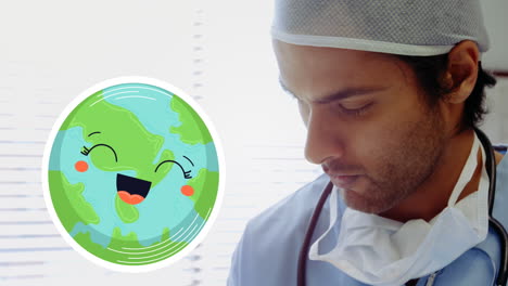 video del icono del globo sonriente sobre el médico masculino biracial en el hospital