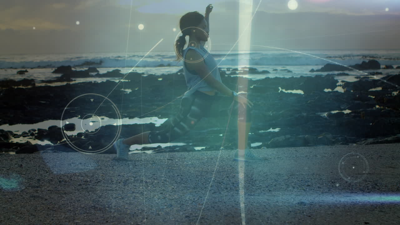 animación de conexiones sobre una mujer biracial practicando yoga en la playa al atardecer