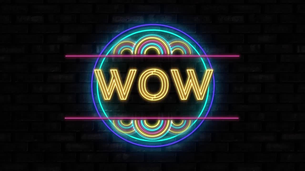 animación digital de neón wow texto contra fondo negro