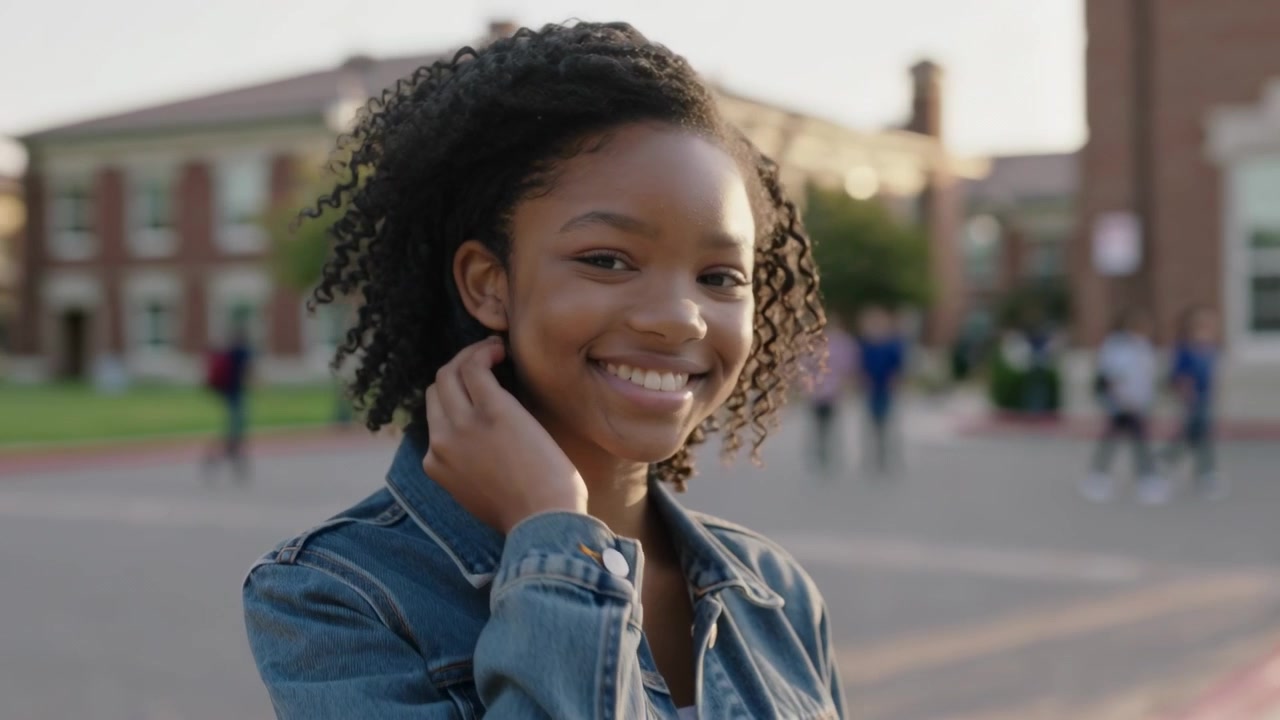 Adjusting earbud after cord tug, teen turning and smiling in campus courtyard, denim jacket