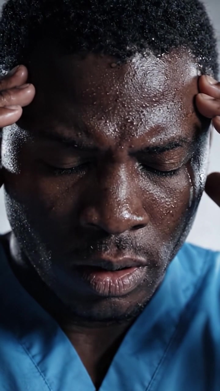 Resilienza emotiva: Primo piano sul tumulto interiore e la determinazione di un professionista sanitario che affronta sfide intense.