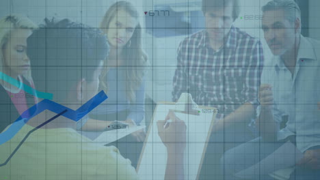 professionals collaborating in circle in office, adding animated financial charts over discussion
