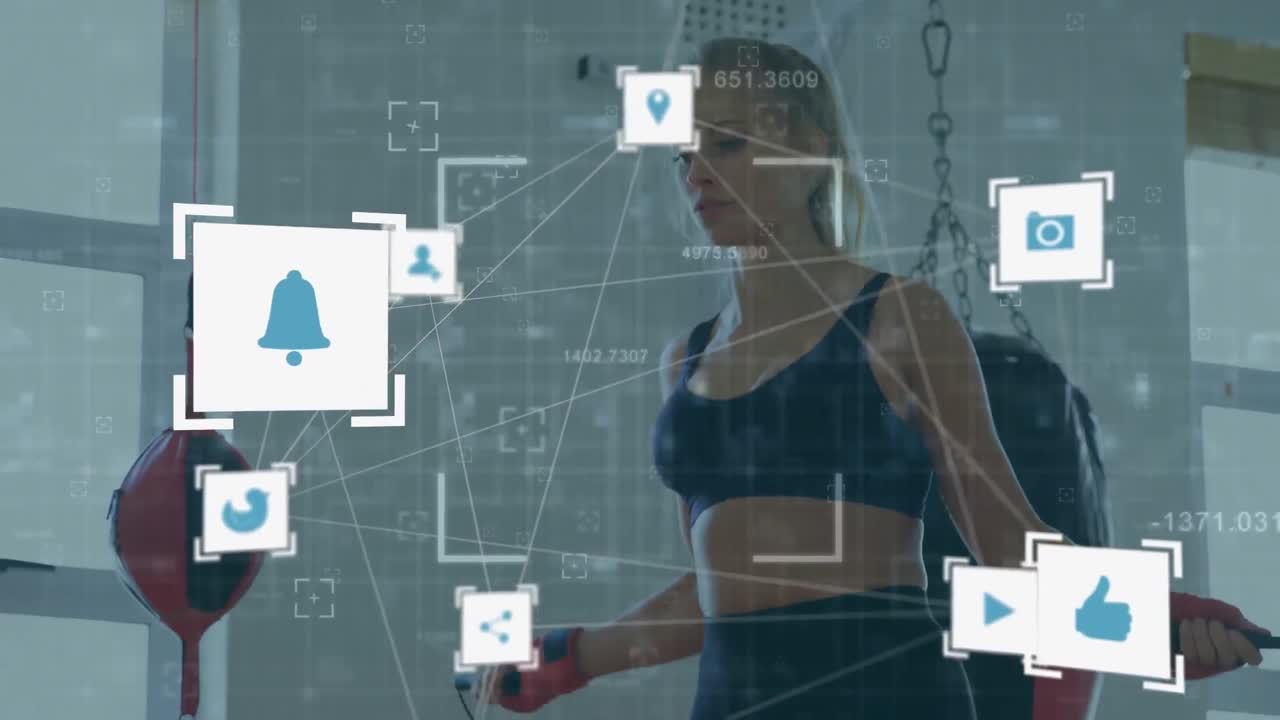 alcance sobre el globo de iconos digitales contra la mujer saltando con cuerda de saltar