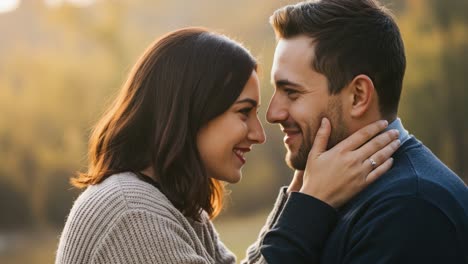 a tender moment between two people in love: captivating expressions of joy and connection amidst a beautiful natural backdrop, celebrating their unique bond.