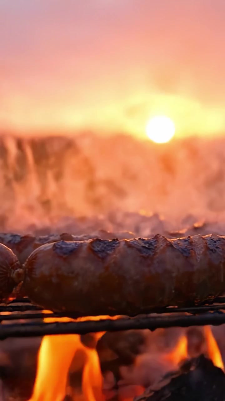 Un'Esperienza di Barbecue da Acquolina in Bocca: Salsicce Succulente che Grigliano su una Fiamma Intensa al Tramonto, Creando una Delizia Culinaria all'Aperto Perfettamente Carbonizzata e Saporita