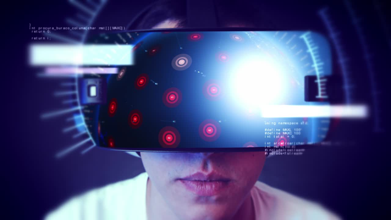 un joven guapo que usa auriculares vr y experimenta la realidad virtual.