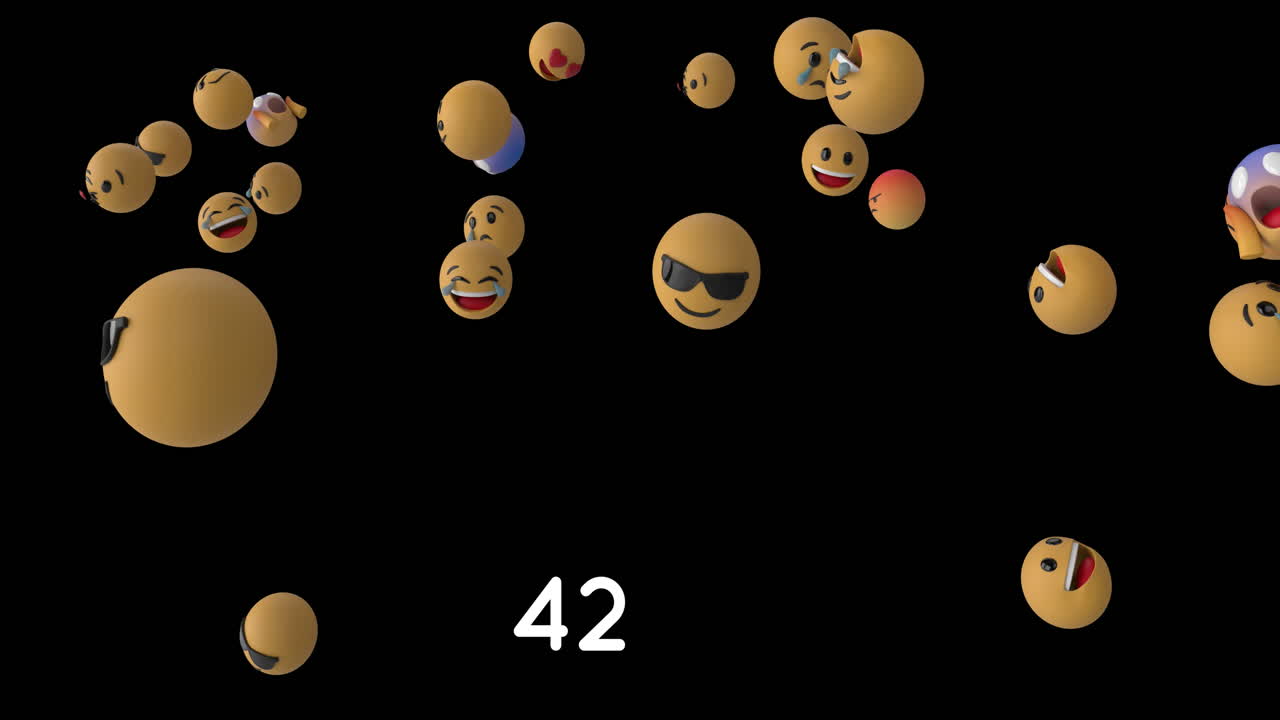 Increasing numbers on round red banner over multiple face emojis floating against black background