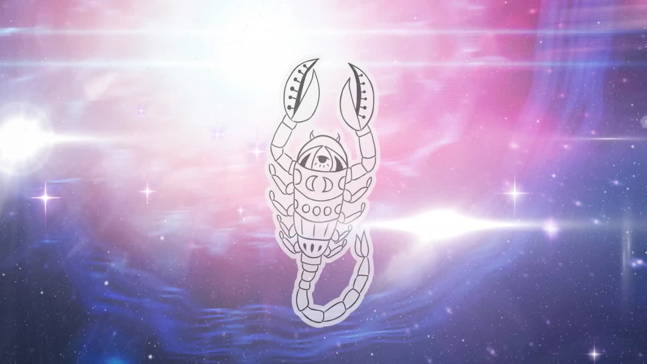 Animatie van het sterrenbeeld Schorpioen boven gloeiende sterren in het universum