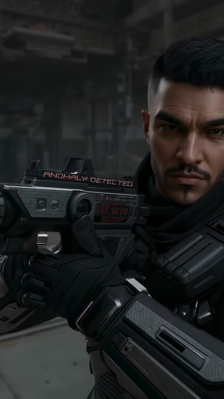 Vertical video: ANOMALY DETECTED display alerting guard lowering rifle and scanning hangar, in vest