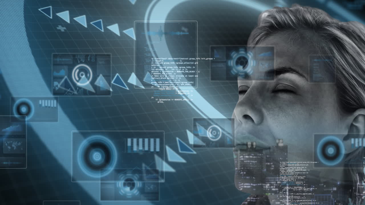 Animation of digital interface with data processing over woman's face