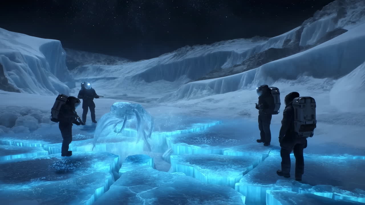 Three Astronauts Unknown Race On Ice, Wearing Spacesuits And Helmets, Explore Glowing Blue Fissure