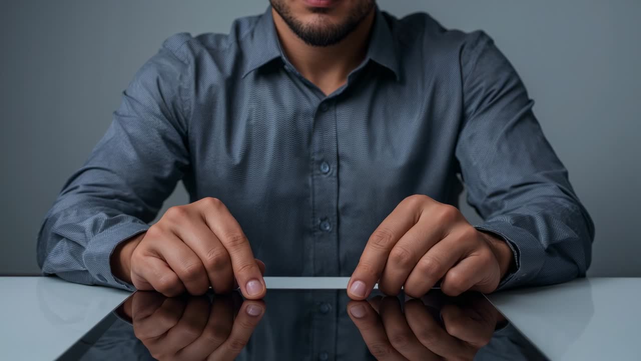 Tapping man in blue shirt moving fingers on tablet after hovering, showing watch reflection