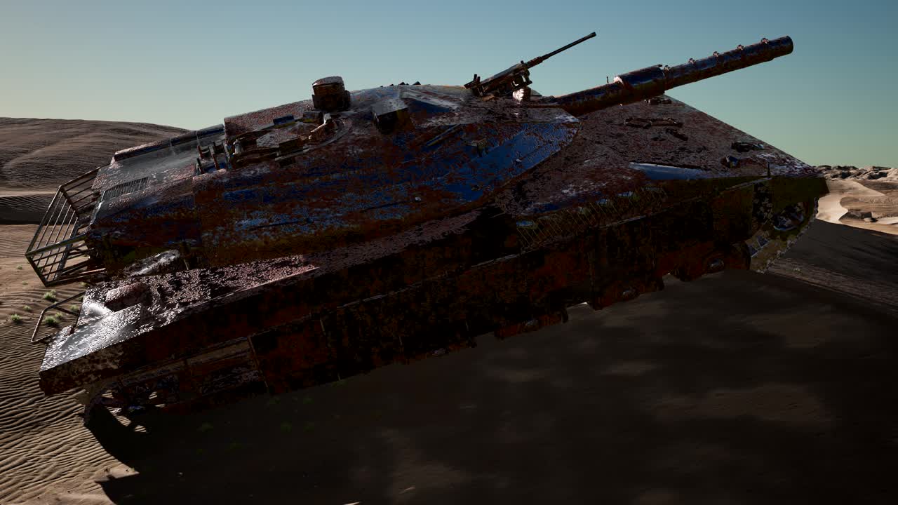 Militairy tanks destructed in the desert at sunset