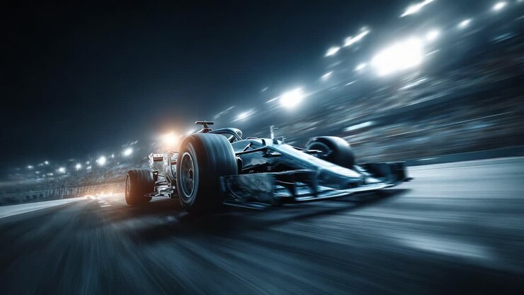 High-Speed Racing Action: An Intense Moment Captured at Night, Highlighting a Powerful Formula Car Accelerating through a Packed Arena, Surrounded by Blazing Lights and Excitement