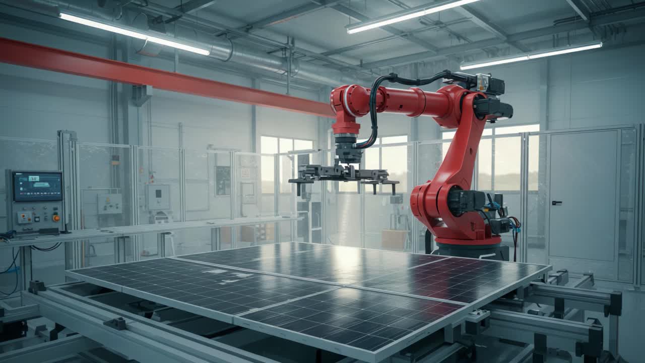 Automated Robotic Arm Engaging with Solar Panels in a Modern Manufacturing Facility, Showcasing Advanced Technology and Precision Engineering