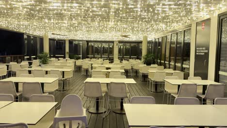 an empty restaurant in gold coast, australia, with twinkling ceiling lights and modern decor, captured in a serene nighttime setting