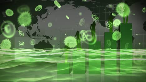 animation of a macro virus and coronavirus covid-19 cells spreading over green water and a world map